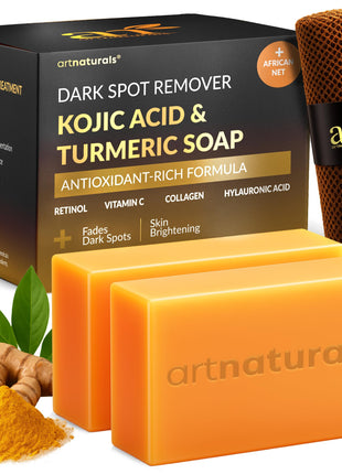 Kojic Acid Soap + African Net Sponge (2 pack x 142g Turmeric bars) Dark spot remover & Scars   Original Japanese Complex Vitamin C, Hyaluronic Acid, retinol, shea butter (Citrus)