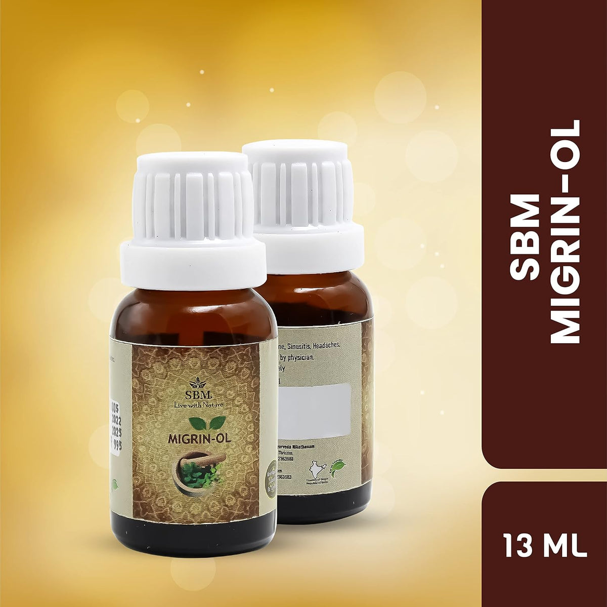 SBM Ayur MIGRIN-OL Ayurvedic Oil with Natural Ingredients 13 ml | May helps to Cure Migraine Headache & Hypertension - Only with External Application | No Medicine Intake Required