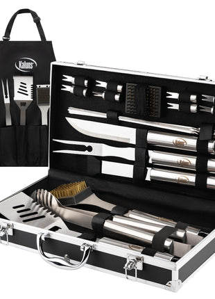 Kaluns Grilling Accessories, Dad Gifts for Fathers Day, Mothers Day Grilling Gifts, Heavy Duty Stainless Steel BBQ Tool Set for Outdoor Grill with Aluminum Case and Apron, Birthday Gifts for Men