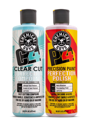 Chemical Guys C4 & P4 Clear Cut Correction Compound and Precision Paint Perfection Polish Combo - Removes Scratches, Swirls, Towel Marks, and Etching, Restores Gloss, Polishing Kit - 2 x 16 oz
