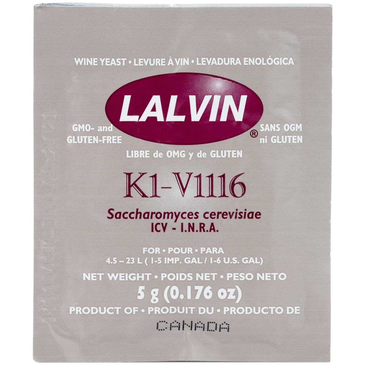 Lalvin K1-V1116 Wine Yeast (5 Pack) - Make Wine Cider Mead Kombucha At Home - 5 g Sachets - Saccharomyces cerevisiae - Sold by CAPYBARA Distributors Inc.