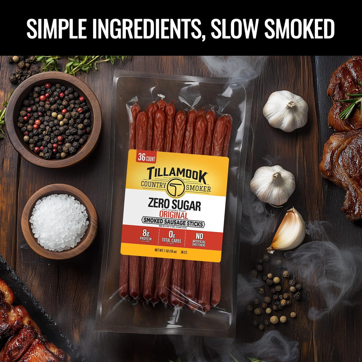 Tillamook Country Smoker Smoked Sausage, Zero Sugar, Original, 16 Ounce (36 Count Meat Sticks Bulk Pack) Real Hardwood Smoked Sausages, Low Carb, High Protein Ready to Eat Keto Snack