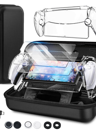 TEFELE 12 in 1 Accessories for Playstation Portal Remote Player with ps5 Portal Case 2 Transparent Screen 4Thumb Grip Charger Shoulder Bracket Base 2 Resistance Button Caps Black
