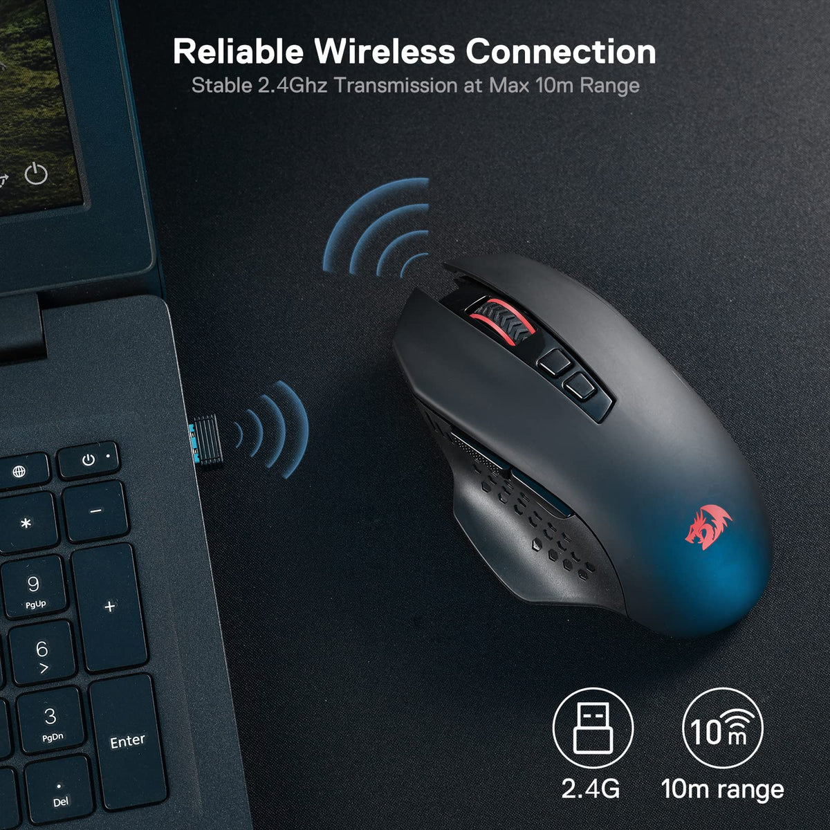 Redragon M656 Gainer Wireless Gaming Mouse, 4000 DPI 2.4Ghz Wireless Mouse w/ 5 DPI Levels, 7 Macro Buttons, Red LED Backlit & Pro Software/Drive Supported, for PC/Mac/Laptop