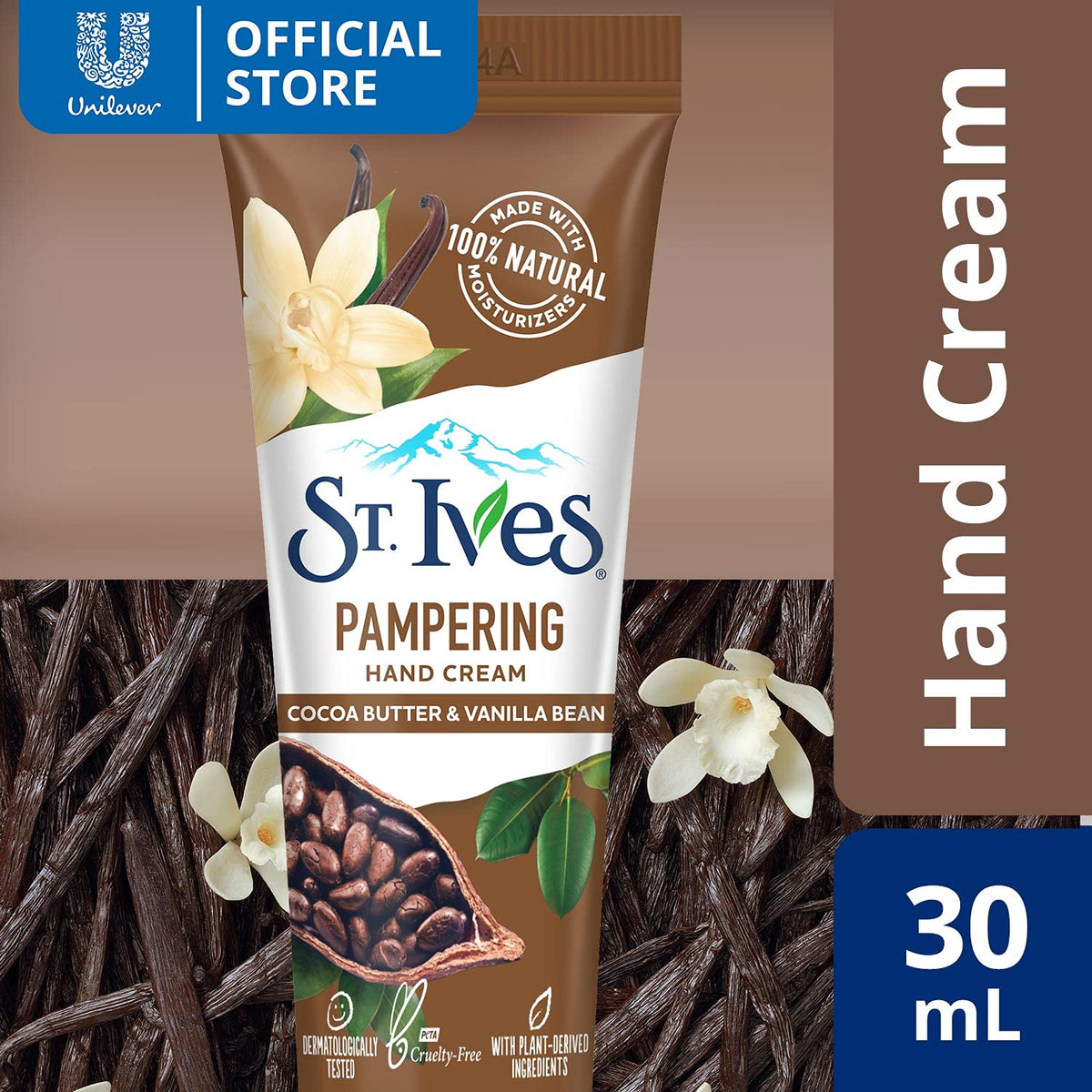 St. Ives Pampering Cocoa Butter & Vanilla Bean Hand Cream, Made With 100% Natural Moisturizers for Soft & Glowing Hands, Travel Size, Paraben Free, Dermatologist Tested, Imported, 30 g