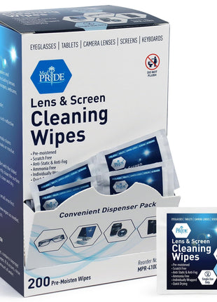 MED PRIDE Anti-Fog Lens and Screen Cleaning Wipes for Eyeglasses, Touch Screens, Premoistened, Anti-Static, Quick-Dry (200 200 Count (Pack of 1))