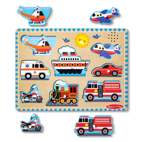 Melissa & Doug Vehicles Sound Puzzle - Wooden Peg Puzzle with Light-Activated Sound Effects (8 pcs) Puzzles for Toddlers, Wooden Puzzles for Kids Ages 2+ (Pack of 12)
