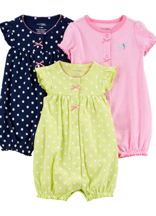 Simple Joys by Carter's Baby Girls' 3-Pack Snap-up Rompers, Light Green/Navy Dots/Pink Stripe, 6-9 Months