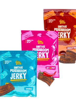 The Daily Good Mushroom Jerky - 3-Pack Snacks, Yummy High-Fiber Mushroom Snack, Gluten-Free Food, Contains Eggs, Made from Shiitake Stalk, 0.58 lbs., Vegetarian, Original, Hot & Spicy, BBQ Flavor