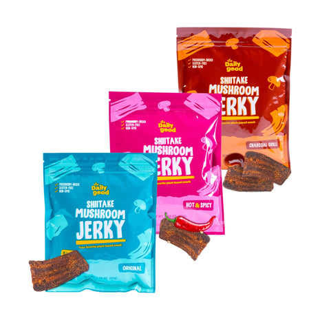 The Daily Good Mushroom Jerky - 3-Pack Snacks, Yummy High-Fiber Mushroom Snack, Gluten-Free Food, Contains Eggs, Made from Shiitake Stalk, 0.58 lbs., Vegetarian, Original, Hot & Spicy, BBQ Flavor