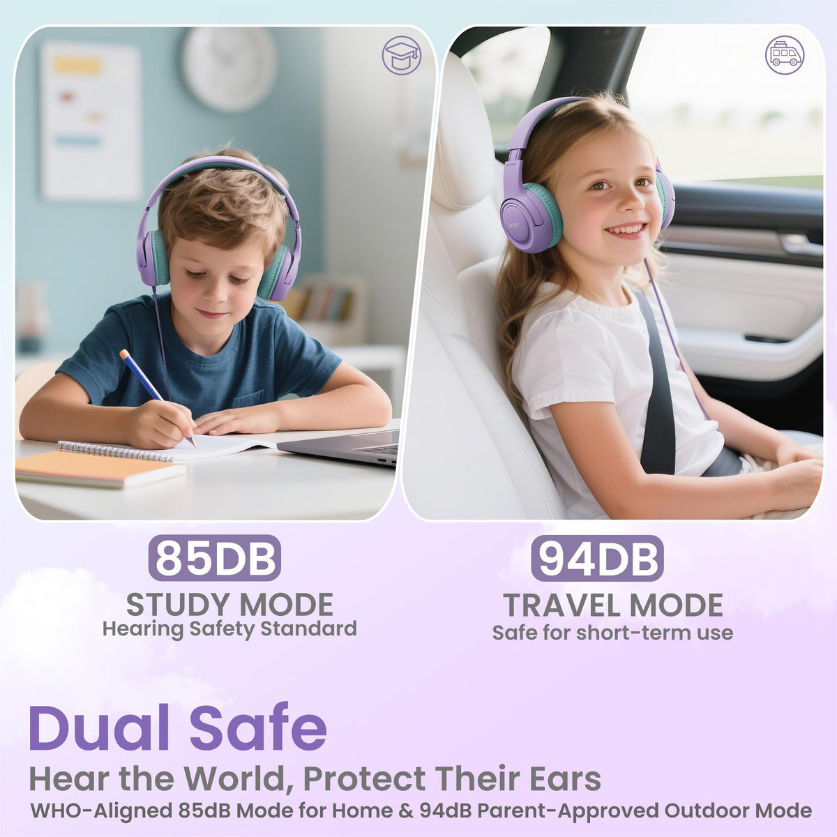 Kids Headphones with Cord for School - Over-Ear 85/94dB Volume Limiter, 3.5mm Jack Foldable Stereo Sound Headset for Toddlers Girls Boy Travel Learning Entertainment Tablet Kindle iPad PC Purple Green