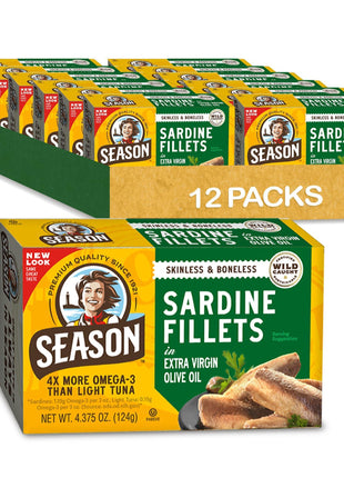 Season Sardines in Extra Virgin Olive Oil - Skinless & Boneless, Wild Caught, 22g of Protein, Keto Snacks, More Omega 3's Than Tuna, Kosher, High in Calcium, Canned Sardines - 4.37 Oz Tins, 12-Pack