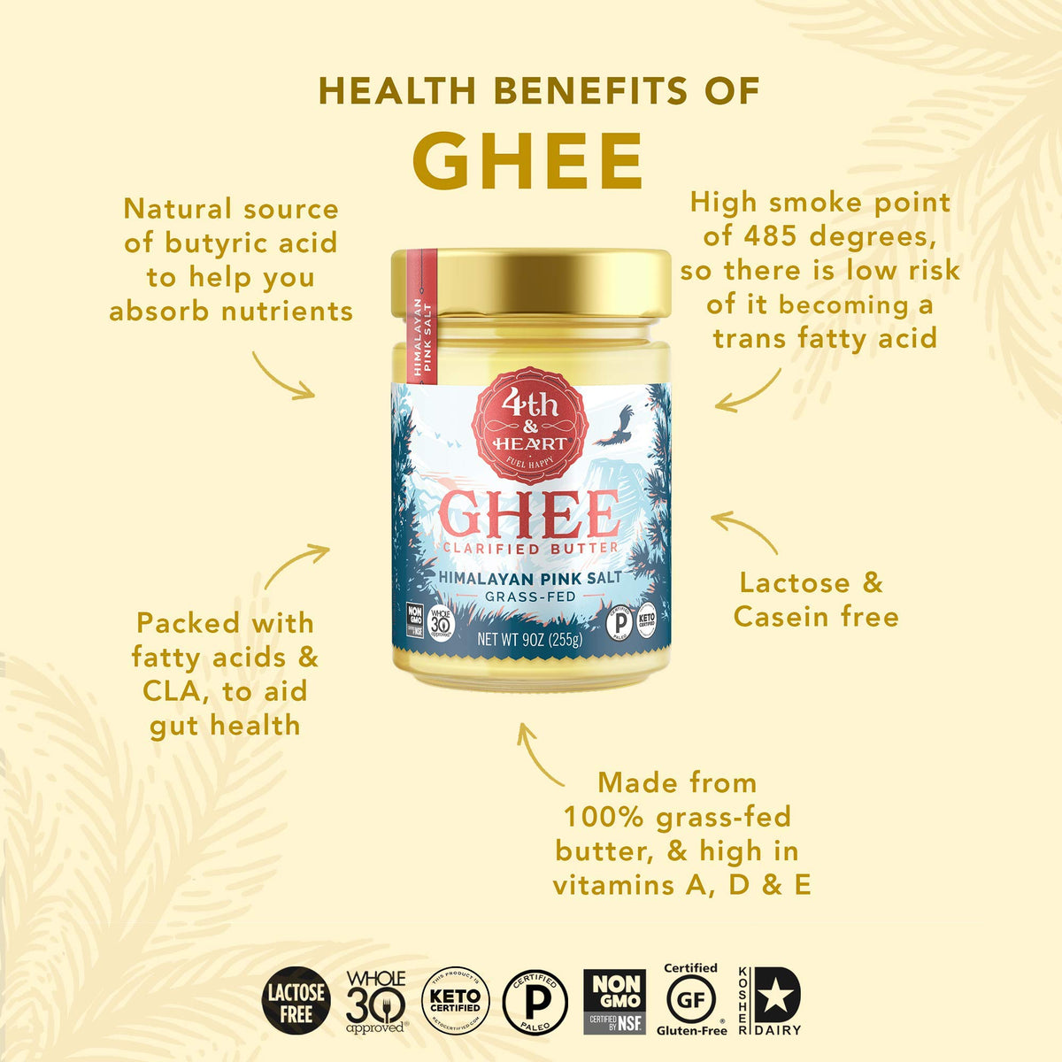 4th & Heart Himalayan Pink Salt Grass-Fed Ghee, Clarified Butter, Keto Pasture Raised, Non-GMO, Lactose and Casein Free, Certified Paleo (9 Ounces)