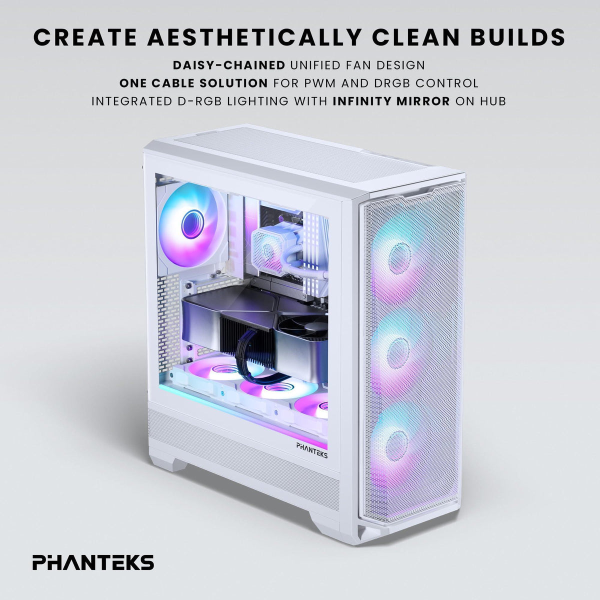 Phanteks M25-140 Gen2, 140mm ARGB High Performance Cooling Fans, Daisy-Chain Unified Fan Frame, Infinity Mirror hub, Single Cable Connection, White