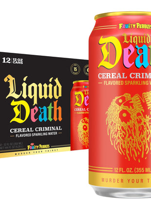 Liquid Death Soda-Flavored Sparkling Water - Cereal Criminal (Fruity Pebbles, Cream), Less Sugar*, Huge Flavor, No Caffeine, No Artificial Sweeteners, 12 Fl Oz (Pack of 12)