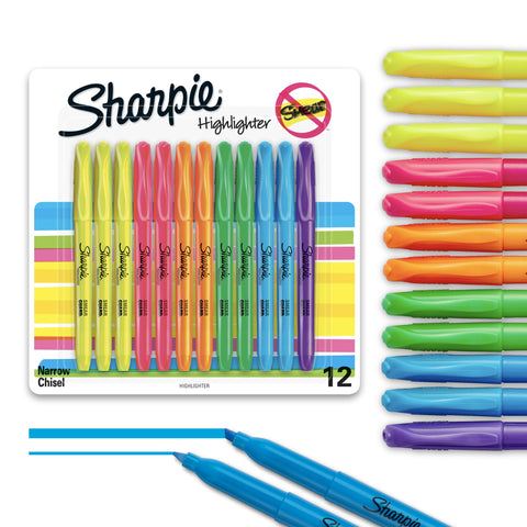 Sharpie Pocket Style Highlighters, Chisel Tip, Assorted Fluorescent, 12 Count - Quick Dry, Perfect For Studying, Note-Taking, School, College, Office, Student & Teacher Supplies