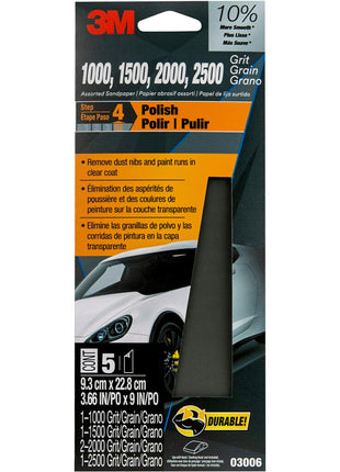 3M Wetordry Sandpaper, 03006, Assorted Grits (1000, 1500, 2000, 2500), 3 2/3 in x 9 in, 5 sheets total per pack