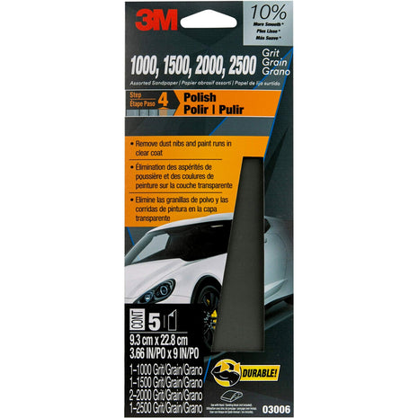 3M Wetordry Sandpaper, 03006, Assorted Grits (1000, 1500, 2000, 2500), 3 2/3 in x 9 in, 5 sheets total per pack