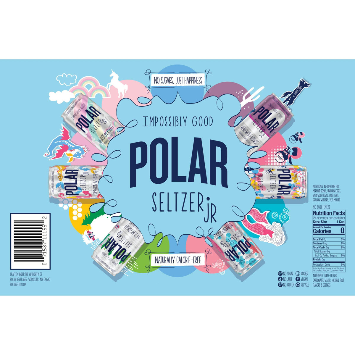 Polar Seltzer Jr Variety Pack, 7.5 fl oz cans, 24 pack, Six Flavors, Mini Cans, No Sugar, No Sweeteners