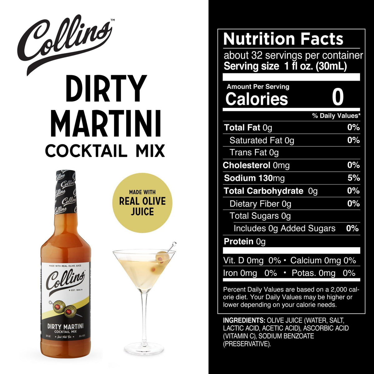 Collins Dirty Martini Mix, Made With Real Olive Brine for the Bold Flavor You Need, Classic Cocktail Recipe Ingredient, Bartender Mixer, Drinking Gifts, Home Cocktail bar, 32 fl oz