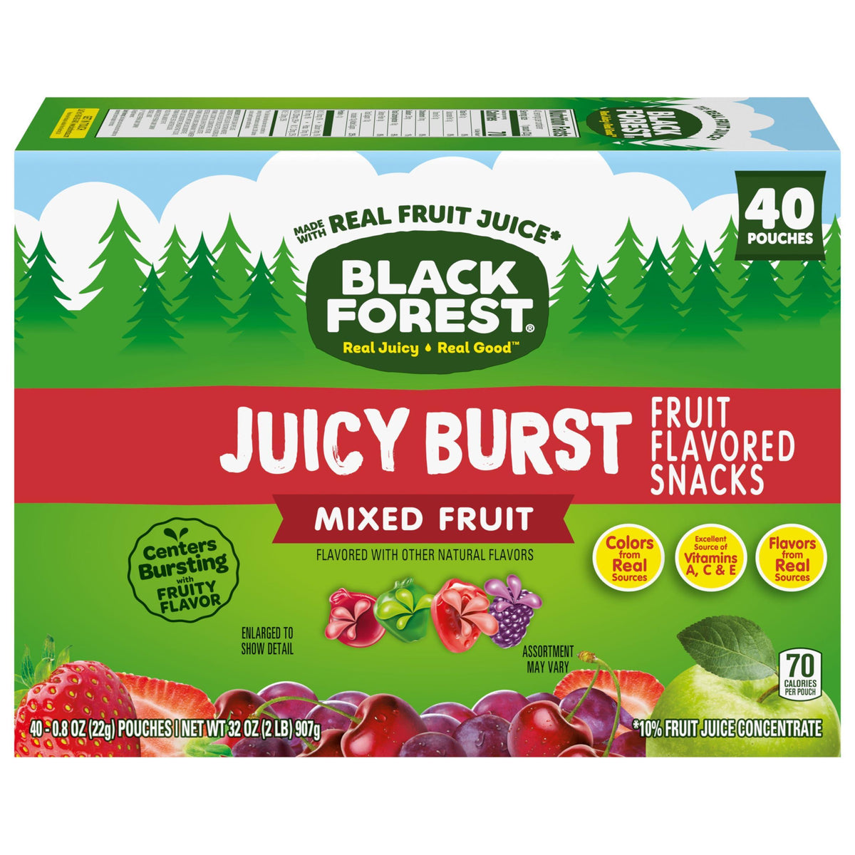 Black Forest, Juicy Burst, Fruit Flavored Snacks, Mixed Fruit Flavors, A Juicy Burst of Natural Flavors, Made with Real Fruit Juice, 0.8 oz 40 ct