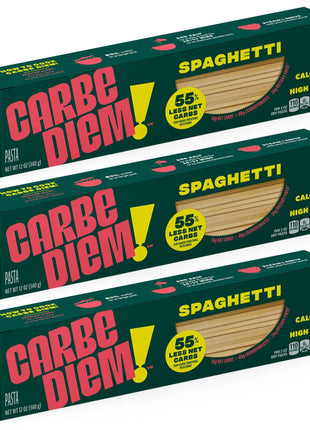 Carbe Diem!, Spaghetti, Lower Net Carb Pasta with Traditional Flavor & Texture, 8 grams of Protein, 55% Fewer Net Carbs & Only 110 Calories Per Serving, Pack of 3