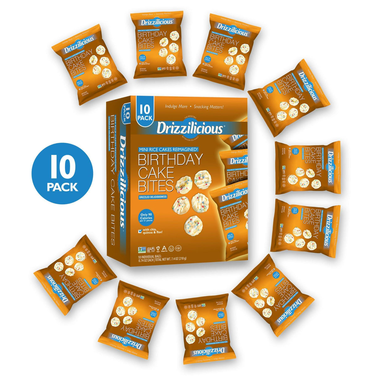 Drizzilicious Mini Rice Cakes Birthday Cake - Rice Crisps, Healthy Snack for Adults and Kids, Flavored Rice Cakes, Vegan, Gluten Free, Allergen Free, Only 90 Calories Per Bag - 0.74 oz (Pack of 10)