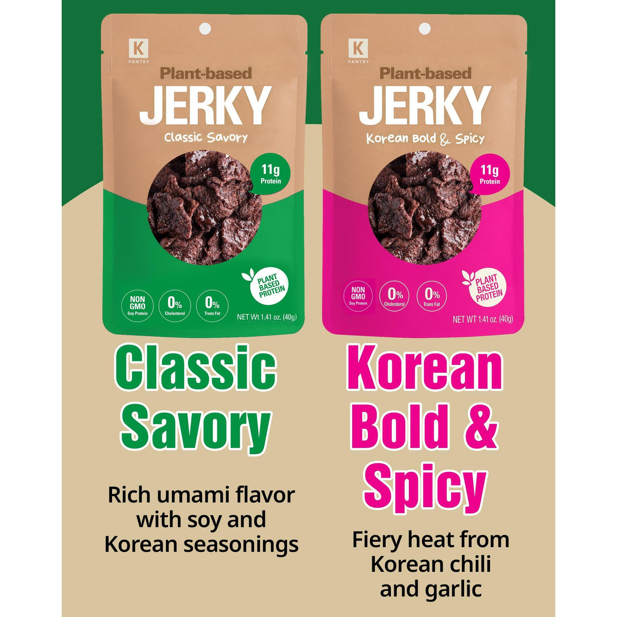 Vegan Jerky Korean Classic Savory – Umami Flavor 11g Plant-Based Non-GMO Soy Protein, Low-Fat On the Go Snack - 150 Calories Per Bag, 1.35oz. Pack of 3