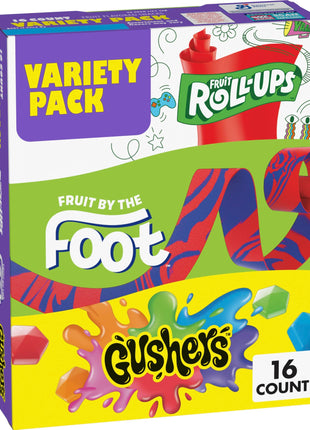 Fruit Roll Ups, Fruit by the Foot, Gushers, Flavored Snacks Variety Pack, Gluten Free, 16 Ct, 10.2 oz