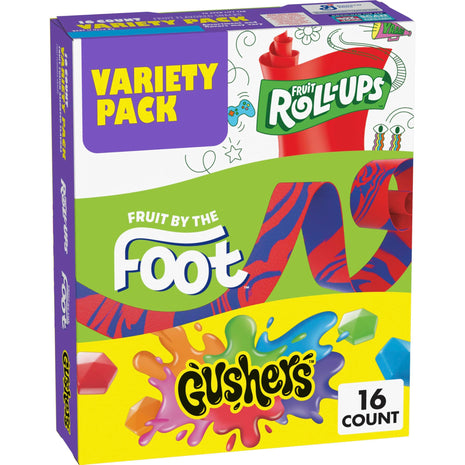 Fruit Roll Ups, Fruit by the Foot, Gushers, Flavored Snacks Variety Pack, Gluten Free, 16 Ct, 10.2 oz