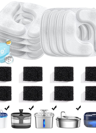 Veken Cat Water Fountain Filters, 8 Pack Replacement Filters & 8 Pack Replacement Pre-Filter Sponges Set for 50oz, 84oz, 95oz or 108oz Automatic Pet Fountain Dog Water Dispenser