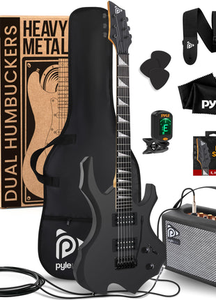 Pyle Heavy Metal EG Fire Electric Guitar Axe w/ Amplifier Kit, Full Size Instrument w/ Practice Amp & Accessories, Metal Axe, Black