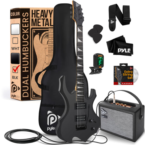 Pyle Heavy Metal EG Fire Electric Guitar Axe w/ Amplifier Kit, Full Size Instrument w/ Practice Amp & Accessories, Metal Axe, Black