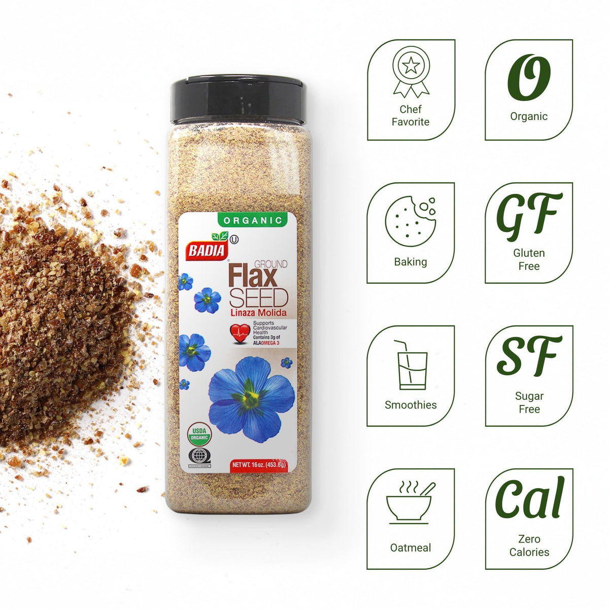 Badia Organic Ground Flax Seed, 16 oz - Superfood High in Fiber & Omega-3, Certified Organic, Non-GMO, Baking, Smoothies & Cooking
