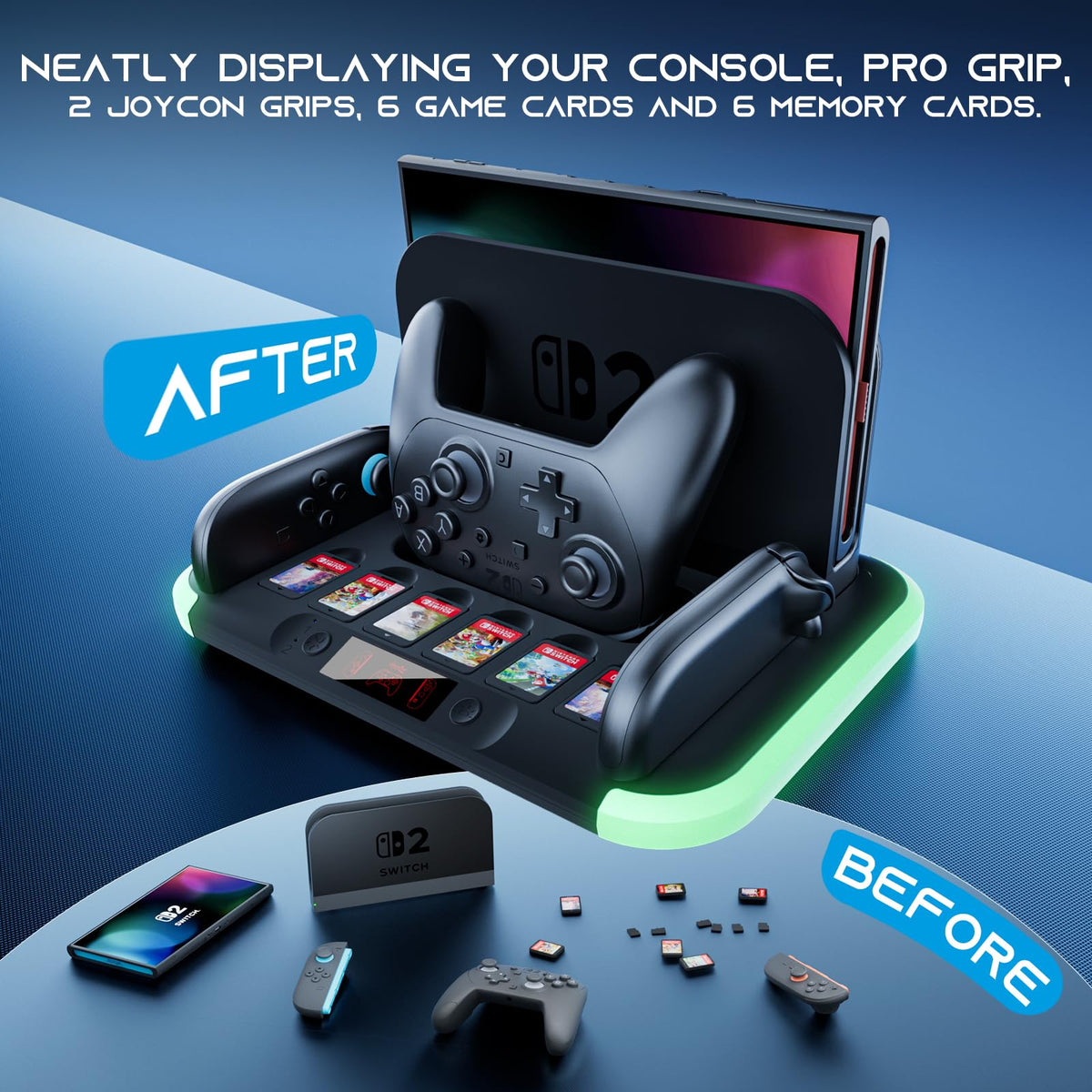 Switch 2 Charging Dock Station,HEYSTOP Switch 2 Controller Charger for Switch 2 Pro Controller and Joy Cons,with RGB,Heat Dissipation,Game Card Slot*6,Fast-Magnetic Charging Station Storage Organizer
