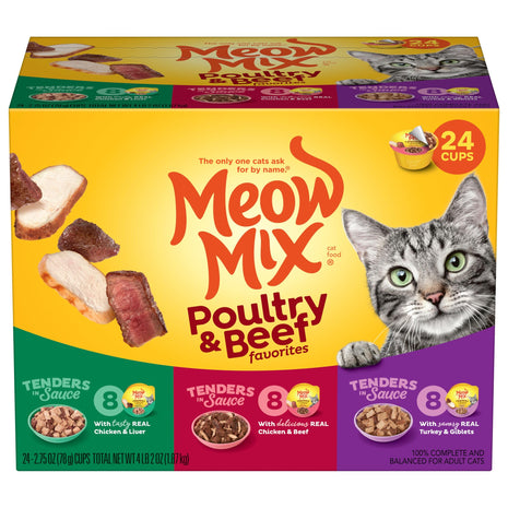 Meow Mix Tender Favorites Poultry & Beef Variety Pack, Wet Cat Food, 2.75 oz Cup (24 Pack)