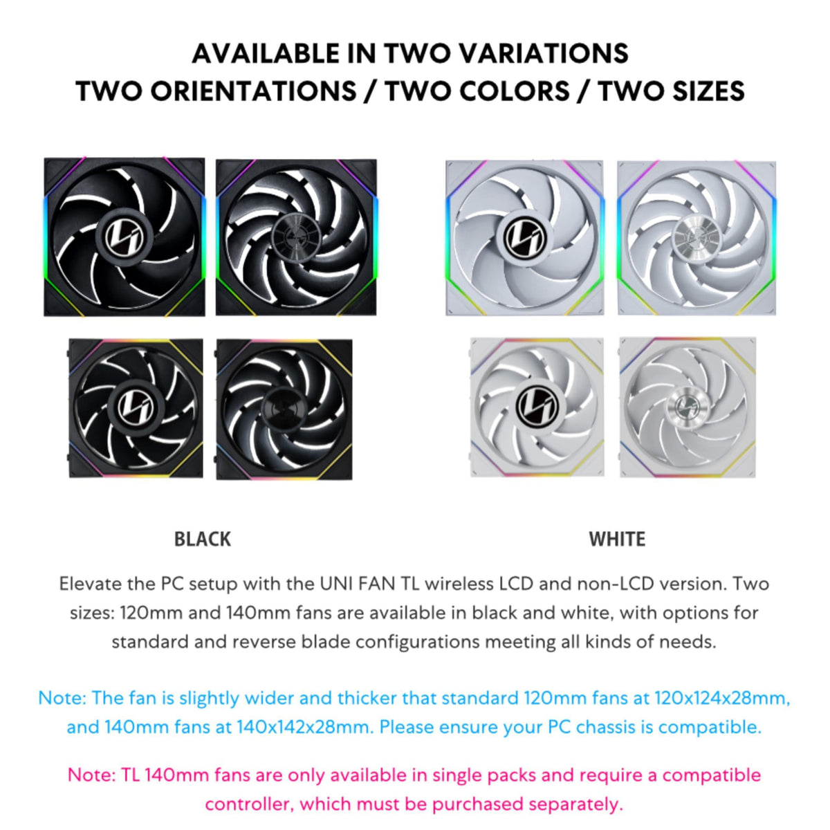 Lian Li UNI Fan TL LCD Wireless 120-Single Pack (Reverse Blade)-2.4 GHz Wireless Signal ARGB Fan-Infinity Mirror-Daisy-Chain-Syncing Lighting-Controller NOT Included & Required - Black (12RTLLCD1W1B)