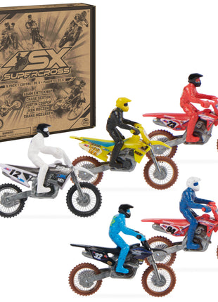 Supercross Authentic Die-Cast Motorcycles & Riders, 5-Pack | Includes 5 Bikes with Attached Pro Riders Like Ken Roczen, Metal Die-Cast Motors & Forks, Pretend Play Gifts for Kids Ages 3+