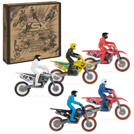 Supercross Authentic Die-Cast Motorcycles & Riders, 5-Pack | Includes 5 Bikes with Attached Pro Riders Like Ken Roczen, Metal Die-Cast Motors & Forks, Pretend Play Gifts for Kids Ages 3+