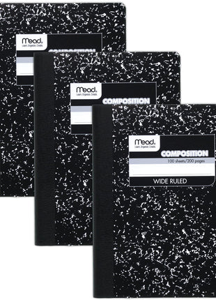Mead Composition Notebook, 3 Pack, Wide Ruled Paper, 7-1/2 inch x 9-3/4 inch, 100 Sheets per Comp Book, Black Marble (38301)
