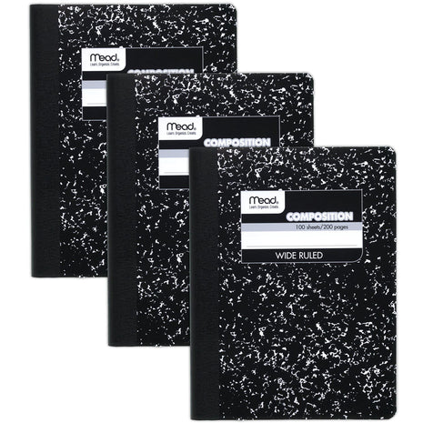 Mead Composition Notebook, 3 Pack, Wide Ruled Paper, 7-1/2 inch x 9-3/4 inch, 100 Sheets per Comp Book, Black Marble (38301)
