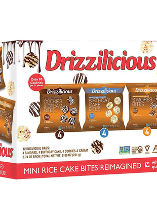 Drizzilicious Mini Rice Cakes Variety Pack- Rice Crisps, Healthy Snack for Adults and Kids, Flavored Rice Cakes, Vegan, Gluten Free Snack, Allergen Free, Only 90 Calories Per Bag- 0.74 oz (Pack of 12)