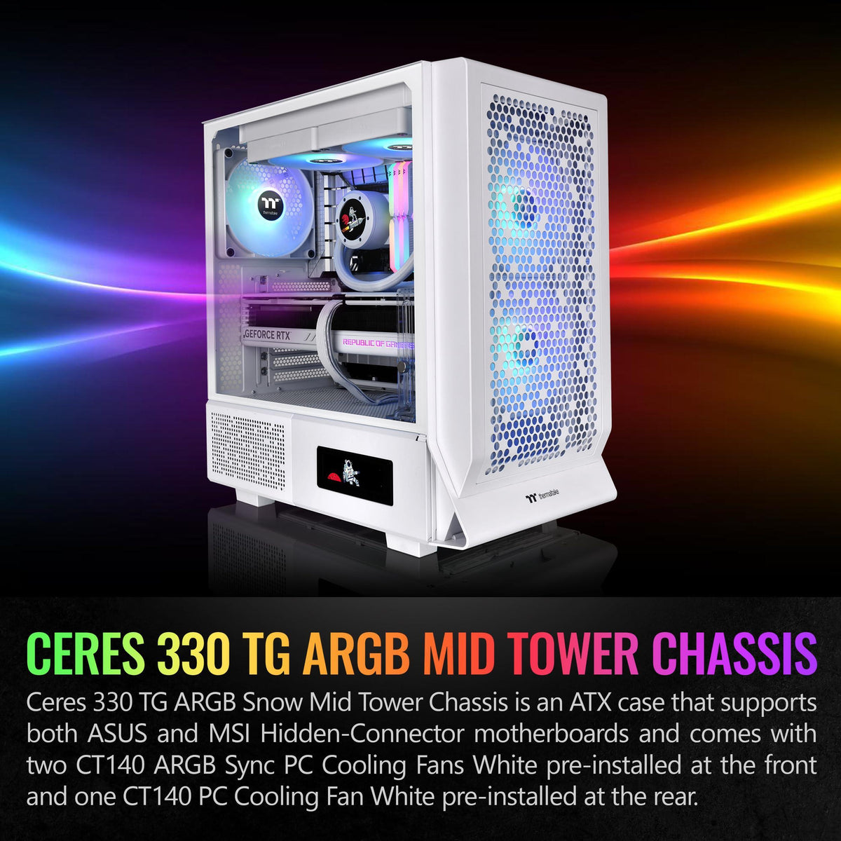 Ceres 330 TG ARGB Snow Mid Tower E-ATX Case Supports Hidden-Connector Motherboard; Preinstalled 2 x CT140 ARGB Fans; Rotational PCIe Slots; CA-1Y2-00M6WN-01; 3 Year Warranty