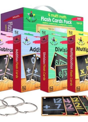 Star Right Math Flash Cards Set of 4 - Addition, Subtraction, Multiplication, Division with 4 Rings - 208 Cards for Kids Ages 6 and Above - Flash Card from 1st to 4th Grade