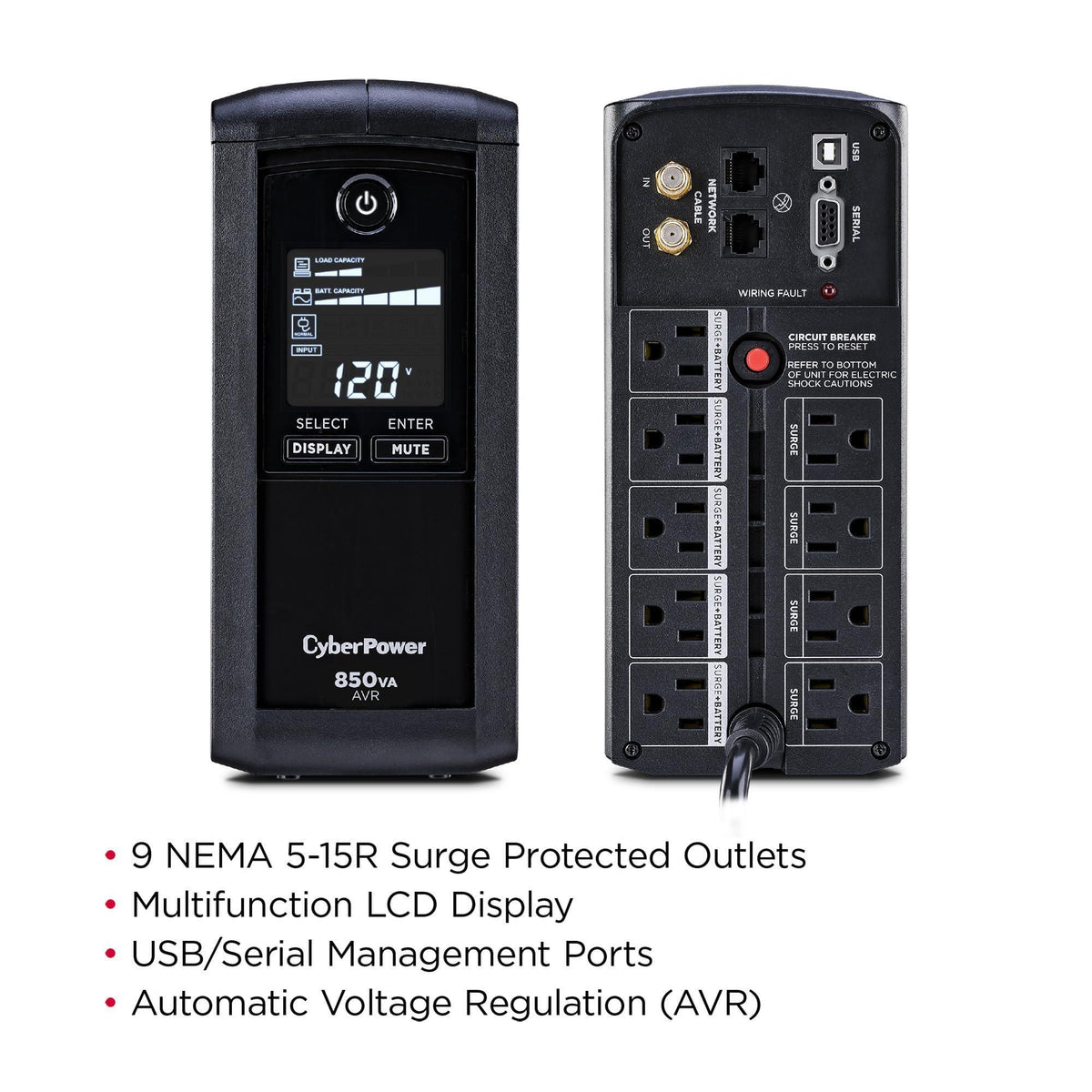 CyberPower CP850AVRLCD Intelligent LCD UPS Battery Backup and Surge Protector, 850VA/510W, 9 Outlets, AVR, Mini-Tower, UL Certified