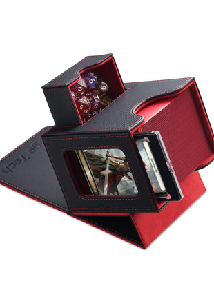 Card Deck Box for MTG Commander - Patented Design, Commander Display, Fits 100 Double-Sleeved Cards, 35pt Card Brick & Dice Tray - Black/Red