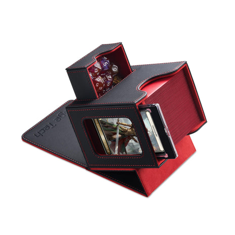 Card Deck Box for MTG Commander - Patented Design, Commander Display, Fits 100 Double-Sleeved Cards, 35pt Card Brick & Dice Tray - Black/Red