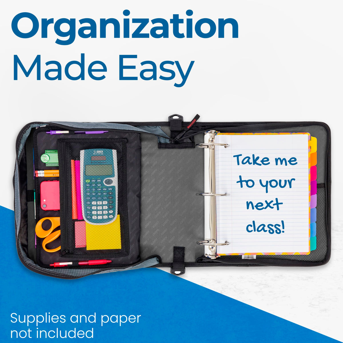 Case-it Mighty Zip Tab School Zipper Binder | 3-Inch O-Rings, 600-Sheet Capacity, 5-Subject Expanding File Folder, Multiple Pockets & Storage Organizer, Shoulder Strap | D-146 Jet Black