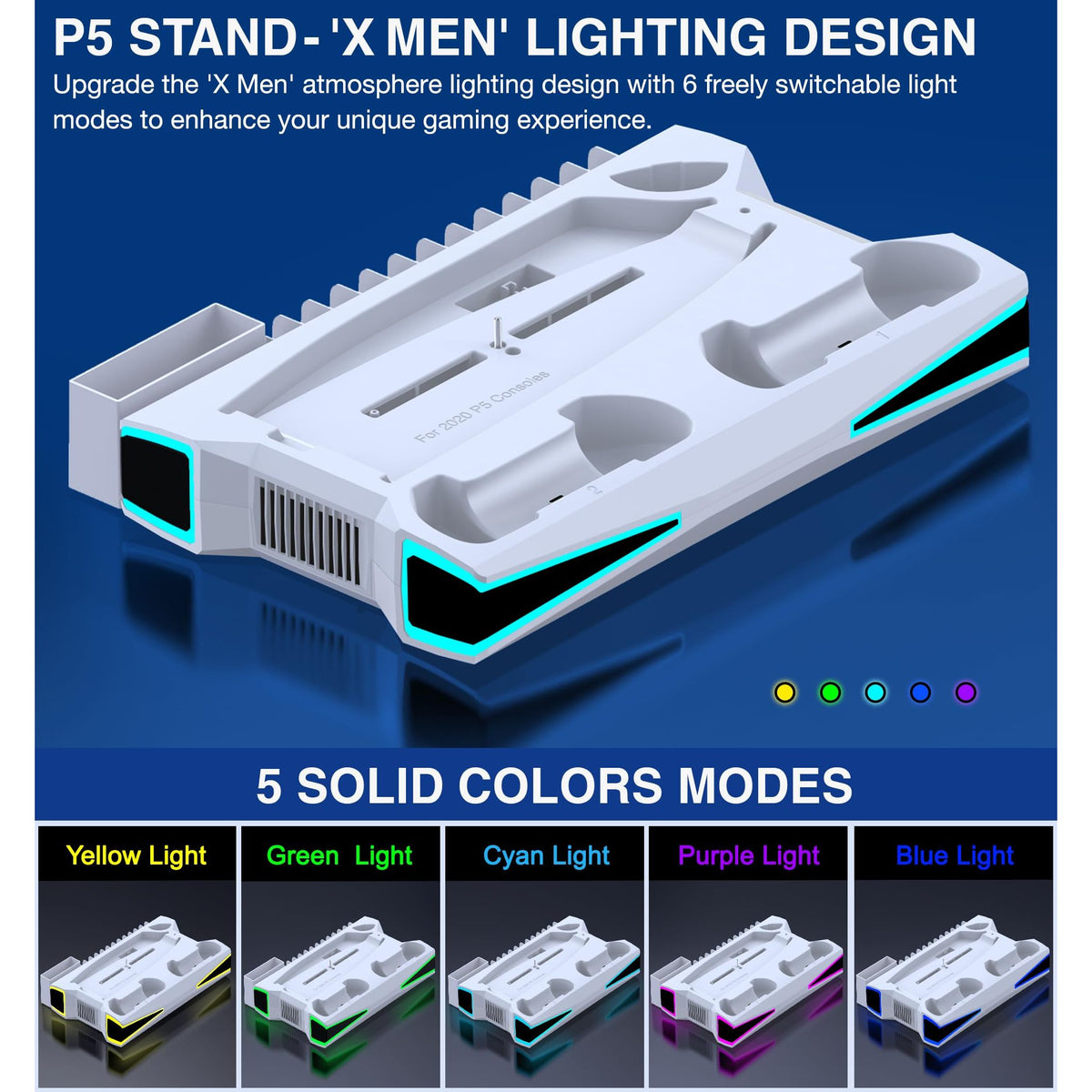 LIFUFUTEE PS5 Stand, PS5/Slim/Pro Cooling Station with 2.36in Cooling Fan, Controller Charger Station for PS5 Accessories, Light, Headset Holder, 3 Charger Ports for PlayStation 5 Slim/Pro Console