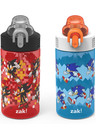 Zak Designs Sonic the Hedgehog Sage Kids Water Bottle For School or Travel, 16oz Durable Plastic Water Bottle With Straw, Handle, and Leak-Proof, Pop-Up Spout Cover, 2-Pack Set (Sonic & Shadow)